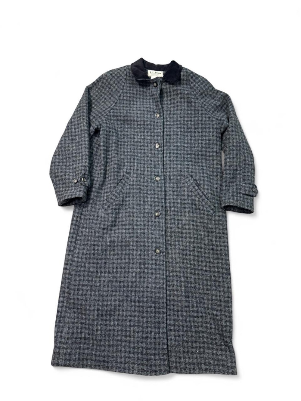 VTG 90s L.L Bean houndstooth wool trench coat checkered women’s L grey suede USA